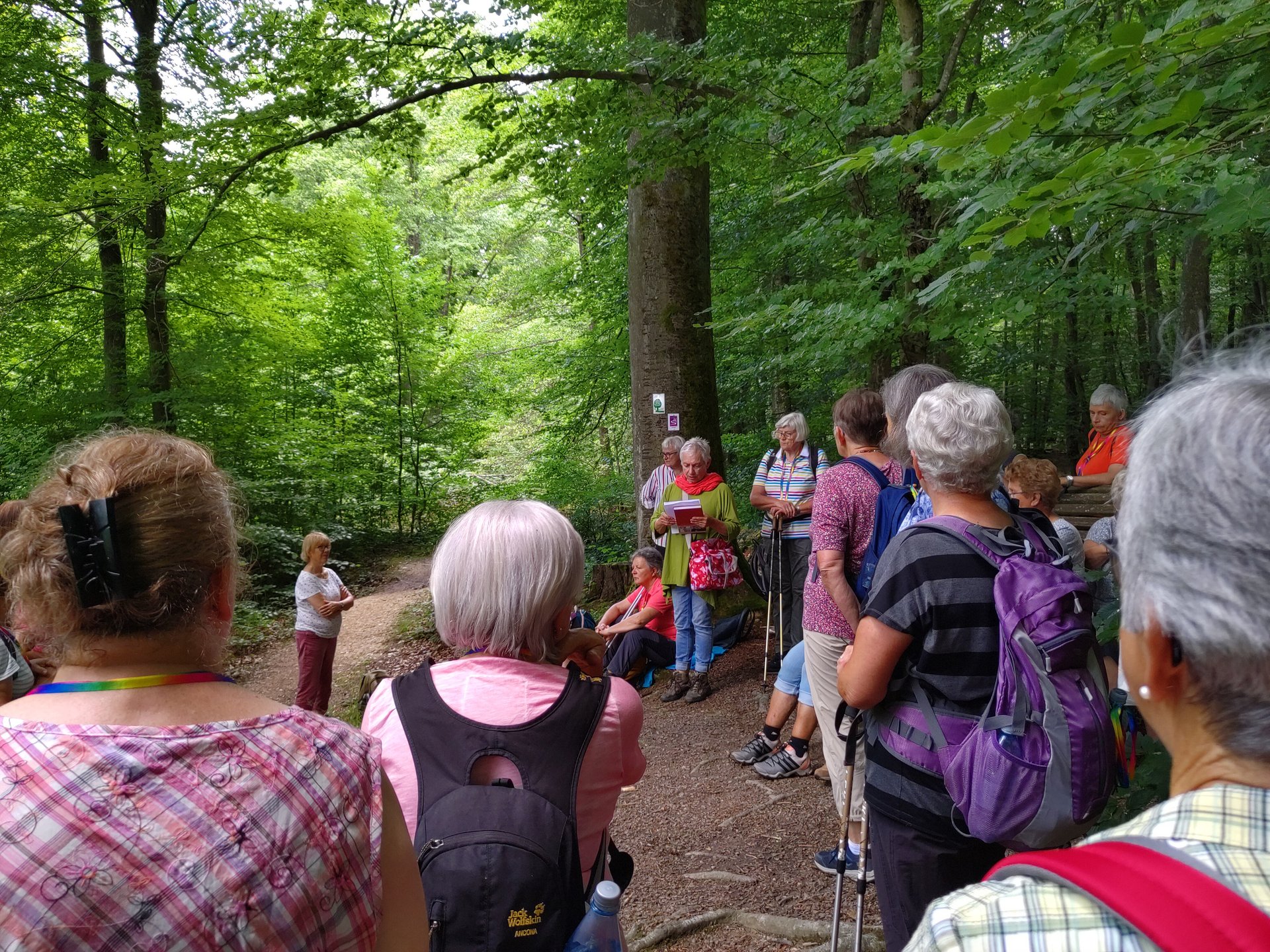 An den ehemaligen Klosterteichen im Wald erzählt Gabriele Kothe der Pilgergruppe von dem Einfluss und der Macht der Äbtissinnen im Mittelalter.